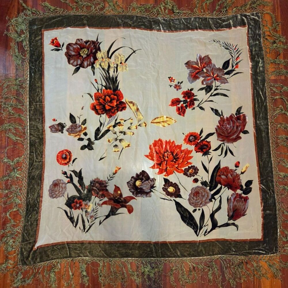 Vintage Floral Velvet Piano Shawl Olive Green & Red Fringe Scarf Wrap
